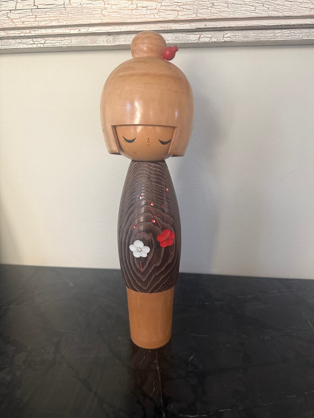 Large 16” Japanese Kokeshi Wooden Doll Cherry Blossom Hand Painted Decor